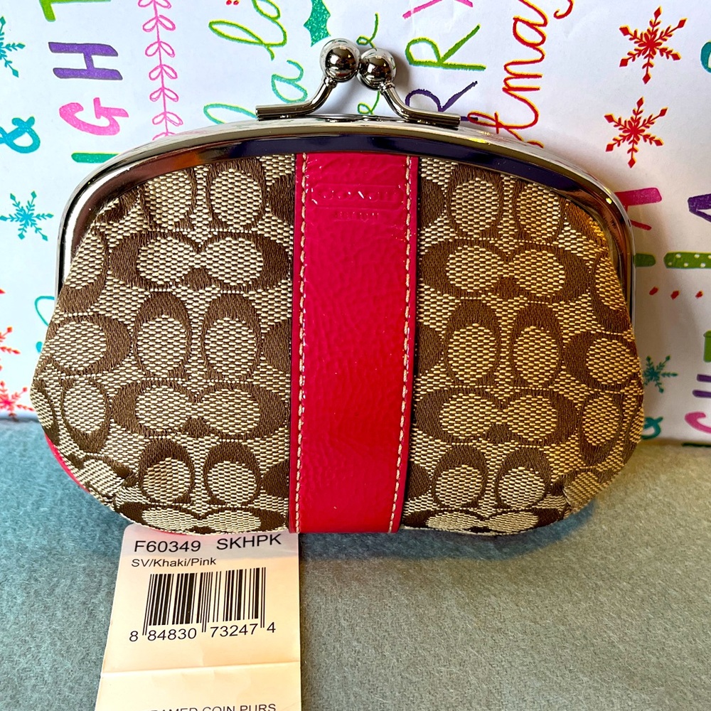 Limited edition! Signature Vintage Coach Coin Purse - Khaki / Pink